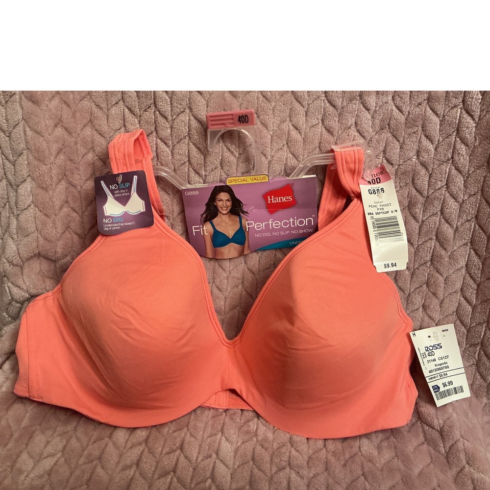 Hanes Fit Perfection Underwire Bra Womens 40D Peach NWT G888 No Dig No Slip